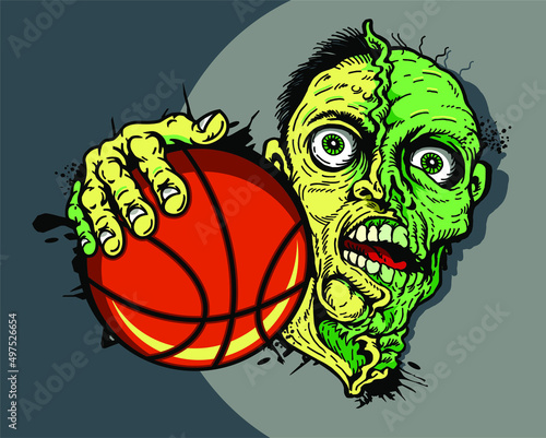 rotting zombie mascot holding basketball for holiday tournament or game