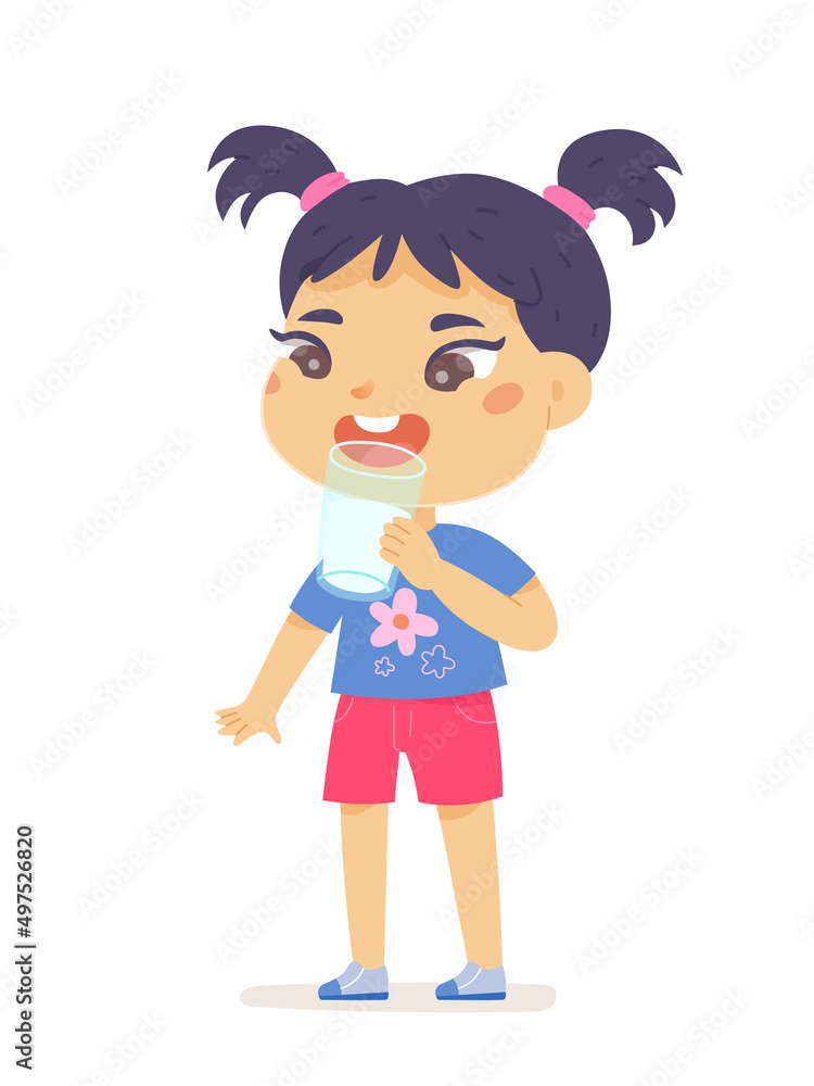 Happy kid drinking milk for body strength and growth, cute little girl holding glass Happy kid drinking milk for body strength and growth, cute little girl holding glass