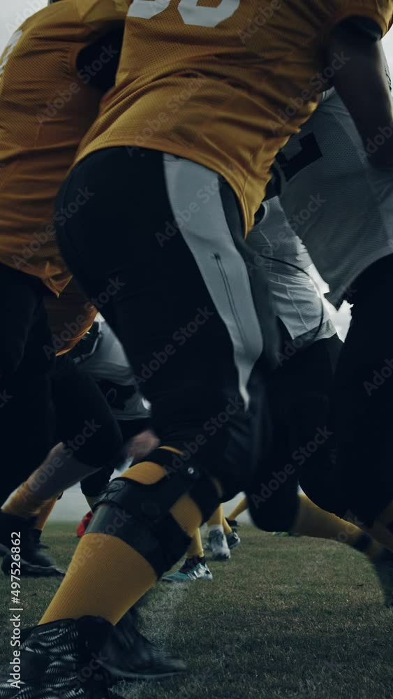 Vertical Screen. American Football Field Start of Offensive Play with a Snap Pass: Successful Player Jumping Over Defense Running to Score Touchdown Points. Professional Athletes Compete Vertical Screen. American Football Field Start of Offensive Play with a Snap Pass: Successful Player Jumping Over Defense Running to Score Touchdown Points. Professional Athletes Compete