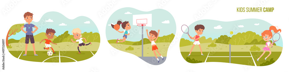 Summer sport camp for children set, boys and girls play tennis, soccer and basketball