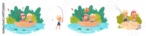 Cute kids fishing in river, pond or lake set,summer camp adventure of happy children
