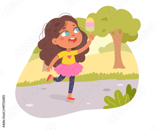 Happy girl holding pink ice cream to eat and enjoy, kid in summer dress jumping with fun