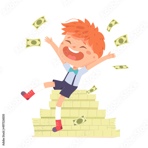 Happy rich kid sitting on top of cash dollars pile, boy reaching prosperity and success