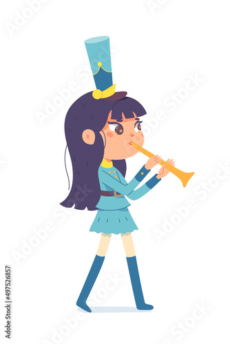 Kid with flute playing music melody, cute girl with musical instrument marching on parade