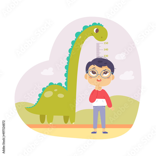 Kid height measure chart for kindergarten, boy wanting to grow to height of dinosaur