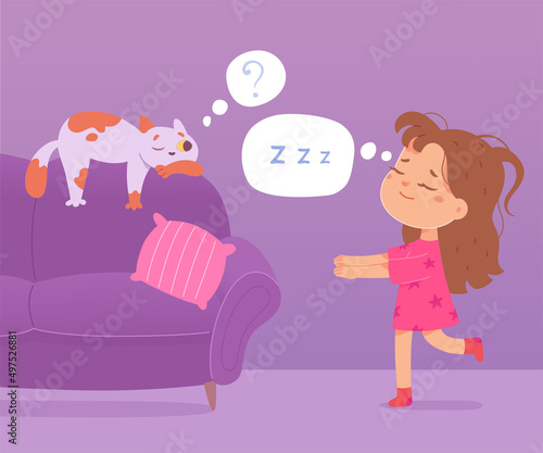 Funny girl somnambulist sleepwalking at night, little child sleeping, lunatic kid walking