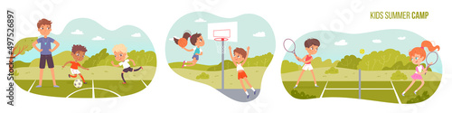 Summer sport camp for children set, boys and girls play tennis, soccer and basketball