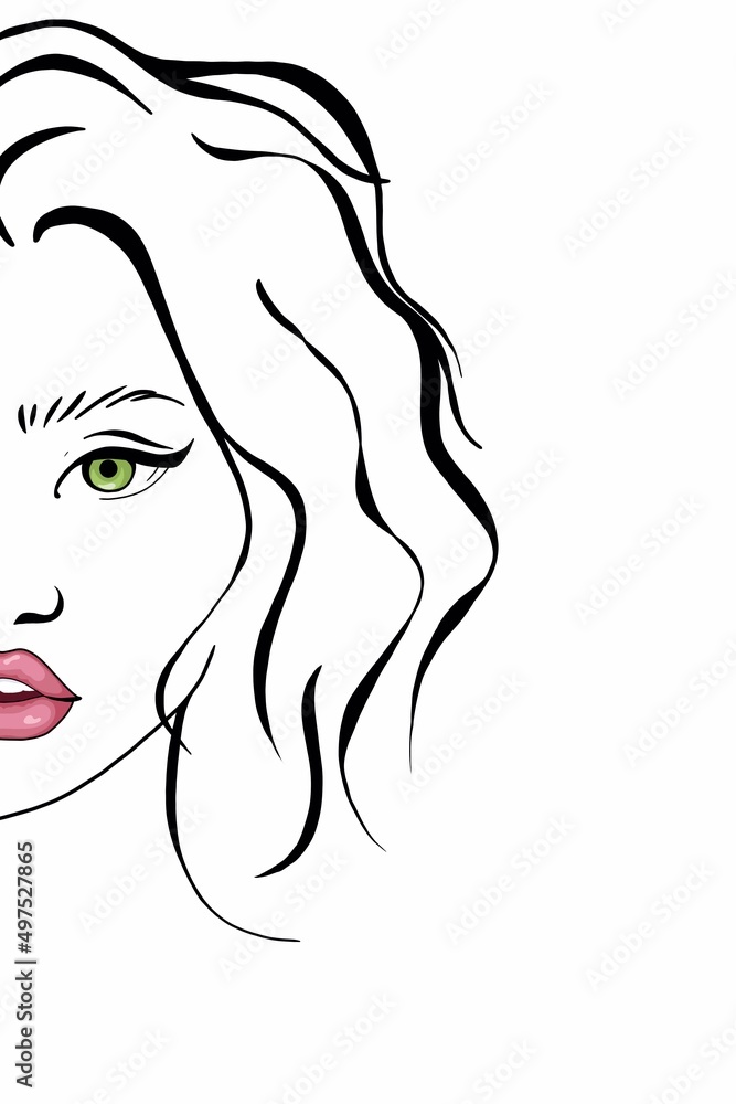 Close up face women line draw with white background, concepts beautiful,  lip, green, clinic, modern, minimalist, promotes 