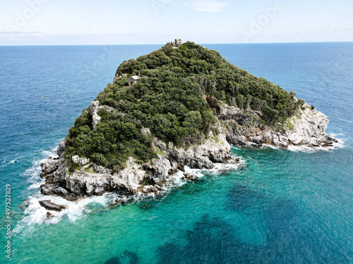Aerial view of Bergeggi island, heart island from above, in Liguria, north Italy. Drone photography of the Ligurian coast, province of Savona with Spotorno and the island of Bergeggi.