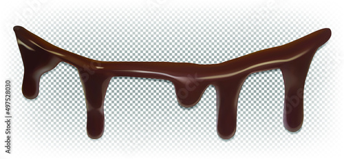 Liquid chocolate dripping down the edge. Sweet ganache, sauce, icing. Vector 3d realistic image isolated on a white transparent background.