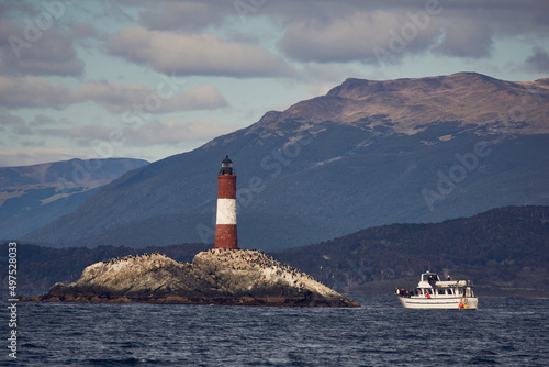 Beautiful view of the Les Eclaireurs Lighthouse in Ushuaia in the Beagle Chanel, Argentina photo