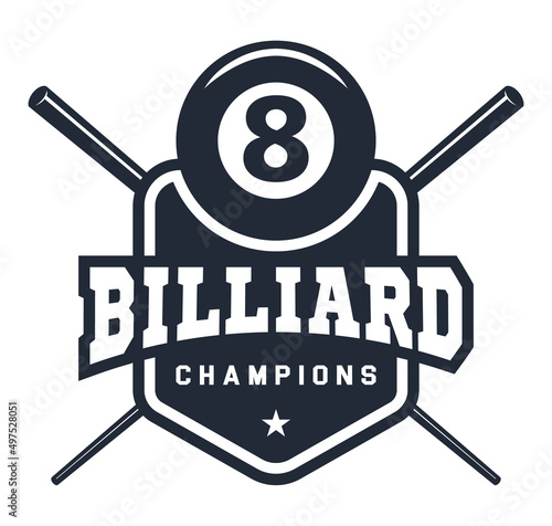 Billiards logo in flat style. Billiard cue and ball with number eight, sports equipment. Sport games. Emblem, badge. Vector illustration, isolated on white background.