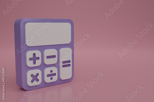 3d render purple calculator icon on pink background. Cartoon minimal calculator style. Math device. Financial analytics, 3d rendering illustration.