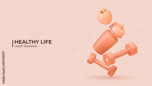Healthy lifestyle concept. 3d set of sport equipment. Realistic fitness inventory, gym accessories in trendy colors. Dumbbells, water bottle and an apple. Vector illustration in cartoon minimal style.