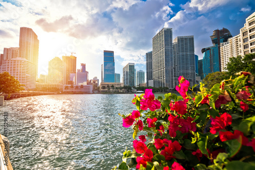 Miami waterfront walkway and skyline sunset view © xbrchx