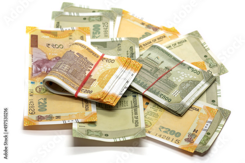 Εκτύπωση καμβά Closeup shot of 200 and 500 Indian rupees isolated on a white background
