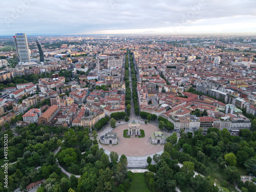 Aerial view of Arco della Pace in Milano, north Italy. Drone photography of Arch of Peace in Piazza Sempione, near Sempione park in the heart of Milan, Lombardy and Sforza Castle. © AerialDronePics