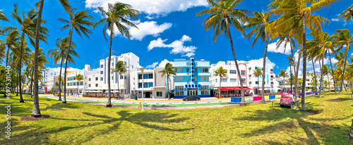 Miami South Beach Ocean Drive colorful Art Deco street architecture panoramic view © xbrchx