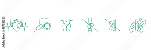 health icons set heart health, immunity, weight loss, blood clots, atherosclerosis, lung health vector illustration 