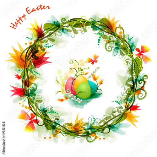 Fototapeta Wreath with flowers and easter eggs