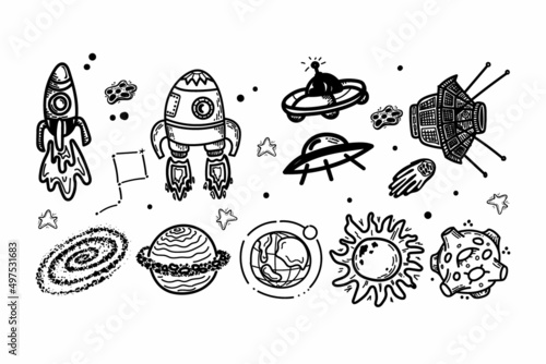 Set of flying transport, satellite, planets, comets and stars. Hand-drawn doodle-style elements. Black hole. Rocket, flying saucer. Space objects and stars.
