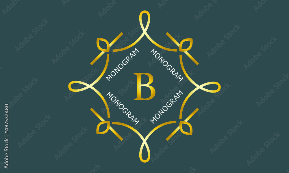 Gold logo emblem on a dark green background with the letter B. Simple monogram (sign, symbol, ornament)