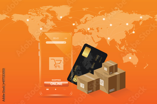 Black credit card with a smartphone that looks like clear glass. and the goods boxes with the world map are linked to the network. for online shopping concept design, on orange background.