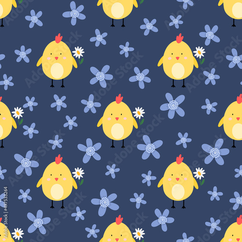 Easter chick  chamomile and flower cute seamless pattern. Happy Easter concept. Vector illustration for the design of fabric  gift paper  children s clothing  textiles  cards.