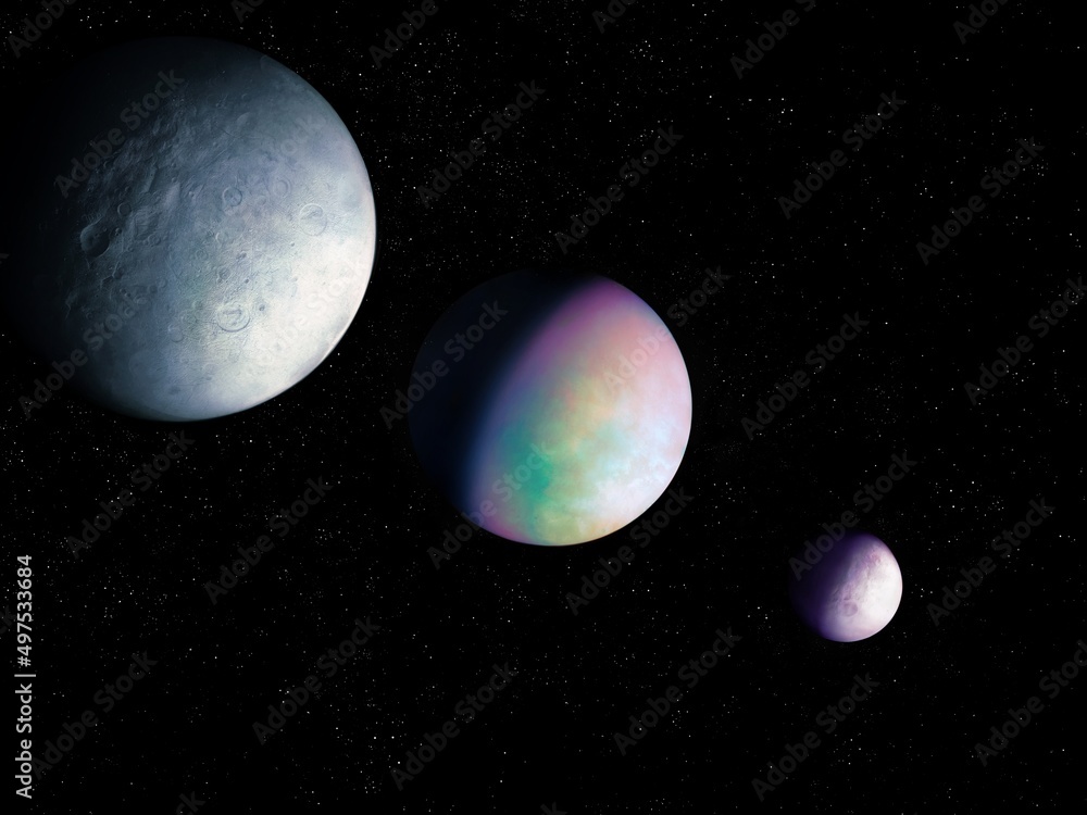 Earth-like planet with rocky satellites in space. Beautiful exoplanets from alien star system. Exoplanet has a moons. Earth-like planet with rocky satellites in space. Beautiful exoplanets from alien star system. Exoplanet has a moons.