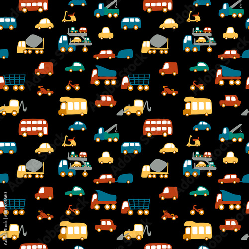 Vector seamless children pattern with different vehicles on a black background. Cute cartoon illustration for print, fabric, textile, background, wallpaper. Passenger cars, motorbike, camper, crane