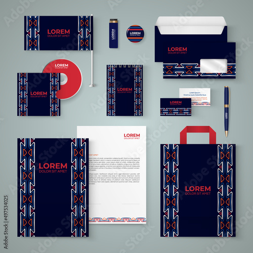 Dark blue stationery template design with ethnic pattern.Set of business corporate identity mock up. Documentation for business