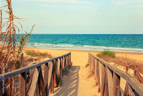 wooden footbridge to access to the idyllic Guardamar beach. Alicante Spain