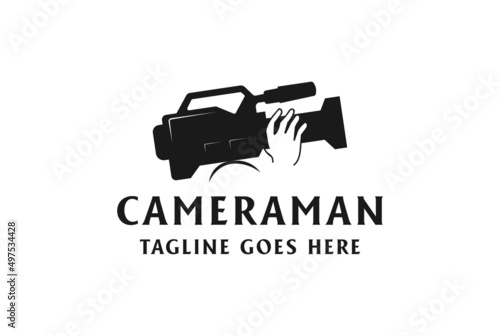 Man Hold Video Camera for Film Cinema Movie Production Logo Design Vector