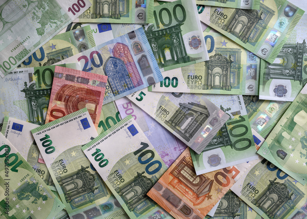 Euro banknotes of different denominations arranged in random order Euro banknotes of different denominations arranged in random order
