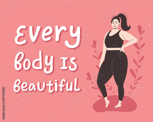 A plump girl in sportswear is standing in a sexy pose. Every body is beautiful. Flat vector illustration on pink background