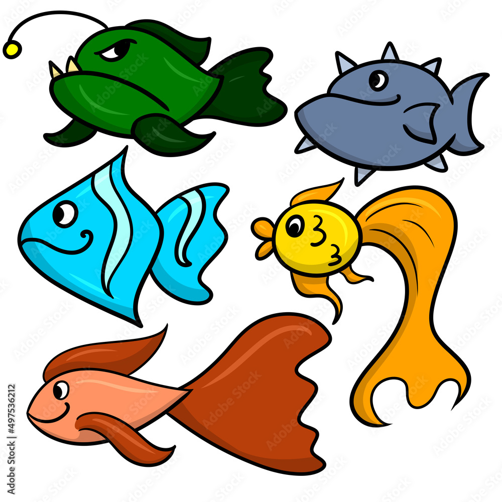 A set of cartoon fish with different body shapes and colors, underwater world, oceanic fish A set of cartoon fish with different body shapes and colors, underwater world, oceanic fish