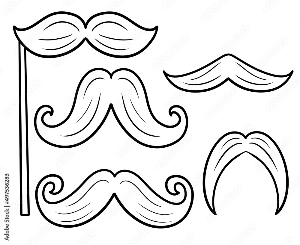 Monochrome illustration. A set of funny, cartoon mustache for parties and practical jokes