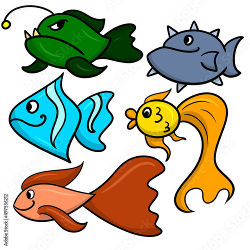 A set of cartoon fish with different body shapes and colors, underwater world, oceanic fish