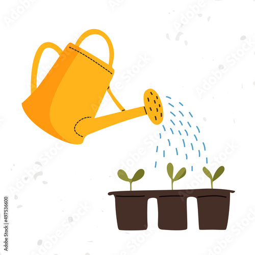 Vector yellow watering can isolated on a white background. Gardening tools. Seedlings are watered from a watering can.