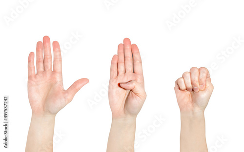 Signal for help, a woman shows how to make a hand gesture to ask for help silently. Global language symbol to save a life from kidnapping in public - Open hand, fold the thumb and fold all fingers.