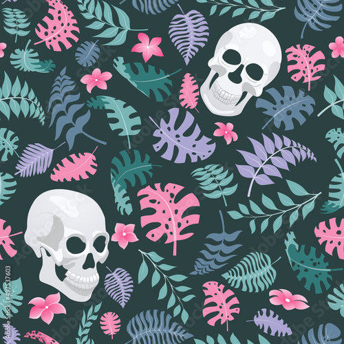 Seamless pattern with exotic jungle plants and human skulls. Tropical palm leaves and flowers. Illustration for Mexican holiday Day of the Dead, Dia de los Muertos, in turquoise and pink colors