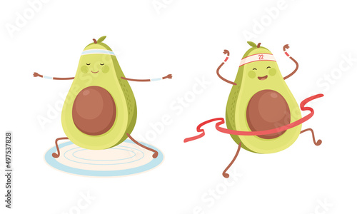 Cute avocado doing sports set. Funny healthy nutritious fruit doing yoga and running cartoon vector illustration