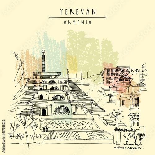 Vector Yerevan, Armenia postcard. Famous Cascade complex. Tourist attraction Travel sketch drawing. Hand drawn vintage touristic postcard, poster, book or calendar illustration