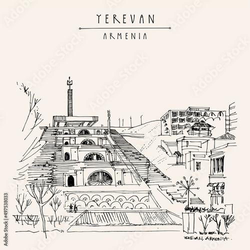 Vector Yerevan, Armenia postcard. Famous Cascade complex. Tourist attraction Travel sketch drawing. Hand drawn vintage touristic postcard, poster, book or calendar illustration