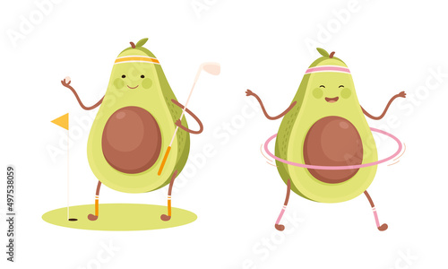 Cute avocado doing sports set. Funny healthy nutritious fruit playing golf and spinning hula hoop cartoon vector illustration
