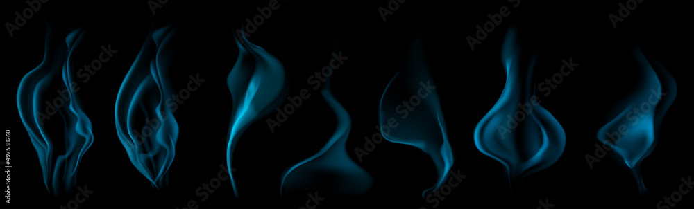 Set of several realistic transparent light blue smokes or steam, for use on dark background. Transparency only in vector format