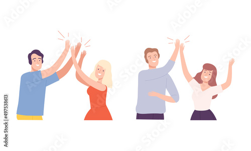People giving high five greeting each other set. Meeting of friends, command motivation vector illustration