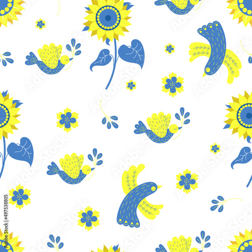 Ukrainian seamless pattern. Yellow-blue birds and sunflower on white background with flowers and dove of peace with branch in its beak. Vector illustration in colors of Ukrainian flag for decor,design photo