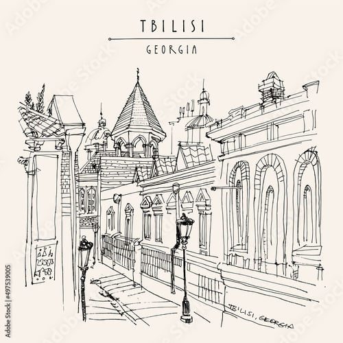 Vector Tbilisi, Georgia postcard. Alley in the old town. Cozy street view. Travel sketch drawing. Hand drawn vintage touristic postcard, poster, book or calendar illustration photo