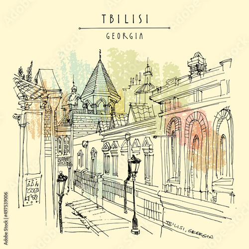 Vector Tbilisi, Georgia postcard. Alley in the old town. Cozy street view. Travel sketch drawing. Hand drawn vintage touristic postcard, poster, book or calendar illustration